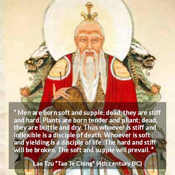 Lao Tzu quote about hardness from Tao Te Ching - Men are born soft and supple; dead, they are stiff and hard. Plants are born tender and pliant; dead, they are brittle and dry. Thus whoever is stiff and inflexible is a disciple of death. Whoever is soft and yielding is a disciple of life. The hard and stiff will be broken. The soft and supple will prevail.
