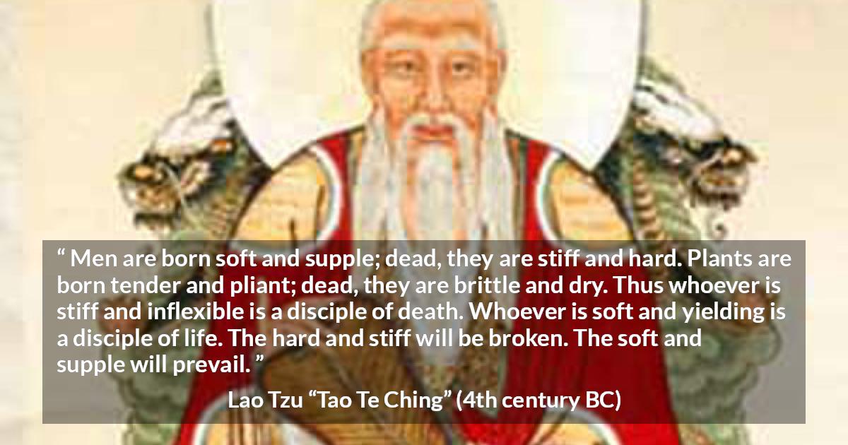 Lao Tzu quote about hardness from Tao Te Ching - Men are born soft and supple; dead, they are stiff and hard. Plants are born tender and pliant; dead, they are brittle and dry. Thus whoever is stiff and inflexible is a disciple of death. Whoever is soft and yielding is a disciple of life. The hard and stiff will be broken. The soft and supple will prevail.