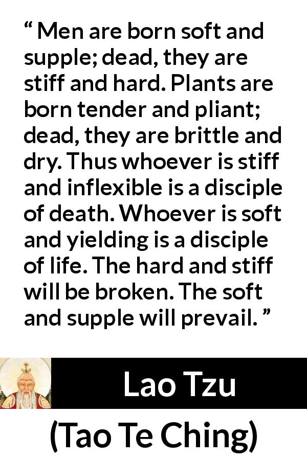 Lao Tzu quote about hardness from Tao Te Ching - Men are born soft and supple; dead, they are stiff and hard. Plants are born tender and pliant; dead, they are brittle and dry. Thus whoever is stiff and inflexible is a disciple of death. Whoever is soft and yielding is a disciple of life. The hard and stiff will be broken. The soft and supple will prevail.