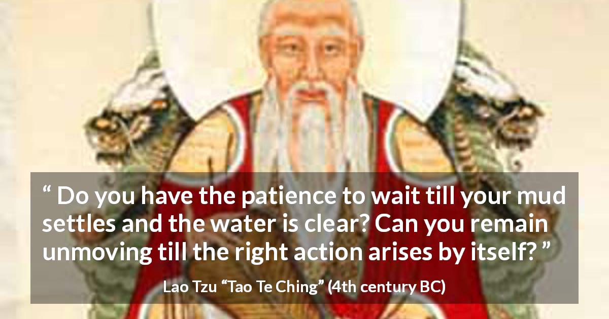 Lao Tzu quote about waiting from Tao Te Ching - Do you have the patience to wait till your mud settles and the water is clear? Can you remain unmoving till the right action arises by itself?