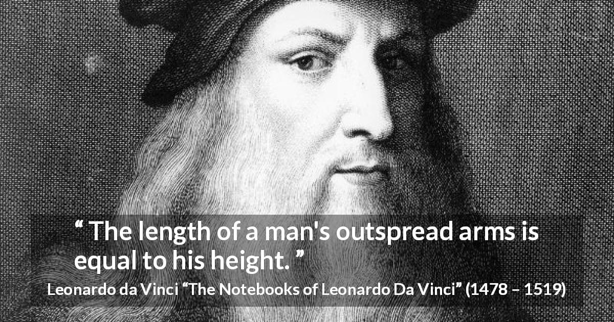 Leonardo da Vinci quote about body from The Notebooks of Leonardo Da Vinci - The length of a man's outspread arms is equal to his height.