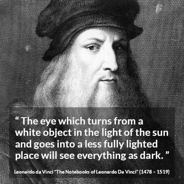 Leonardo da Vinci quote about darkness from The Notebooks of Leonardo Da Vinci - The eye which turns from a white object in the light of the sun and goes into a less fully lighted place will see everything as dark.