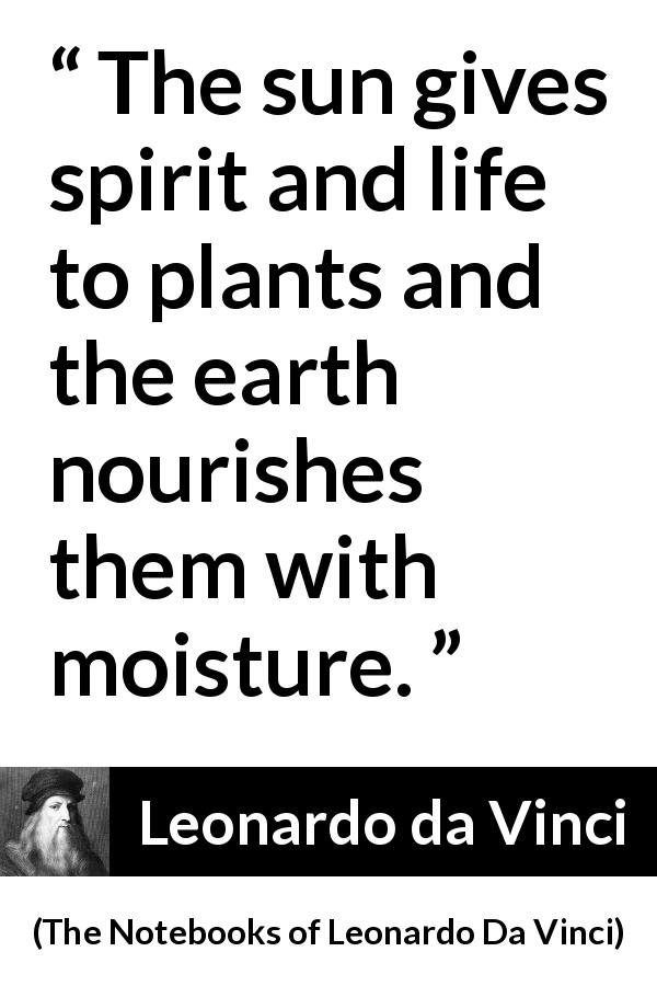 Leonardo da Vinci quote about sun from The Notebooks of Leonardo Da Vinci - The sun gives spirit and life to plants and the earth nourishes them with moisture.