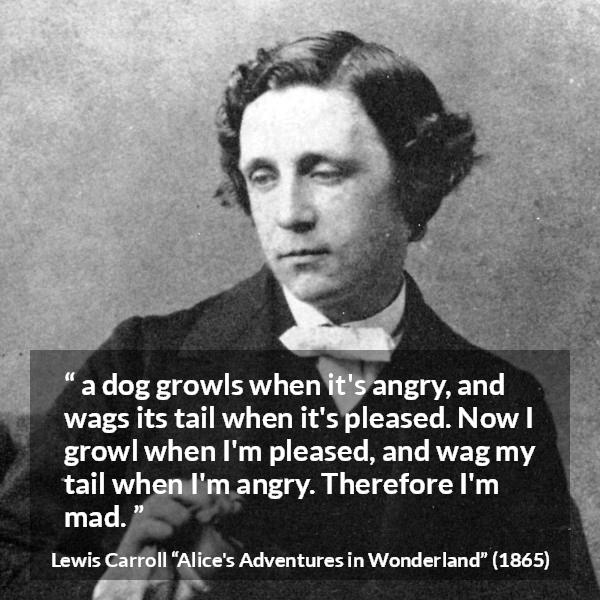 Lewis Carroll quote about madness from Alice's Adventures in Wonderland - a dog growls when it's angry, and wags its tail when it's pleased. Now I growl when I'm pleased, and wag my tail when I'm angry. Therefore I'm mad.