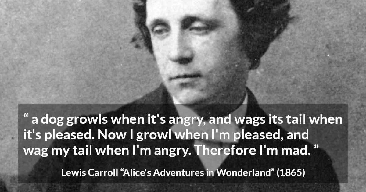 Lewis Carroll quote about madness from Alice's Adventures in Wonderland - a dog growls when it's angry, and wags its tail when it's pleased. Now I growl when I'm pleased, and wag my tail when I'm angry. Therefore I'm mad.