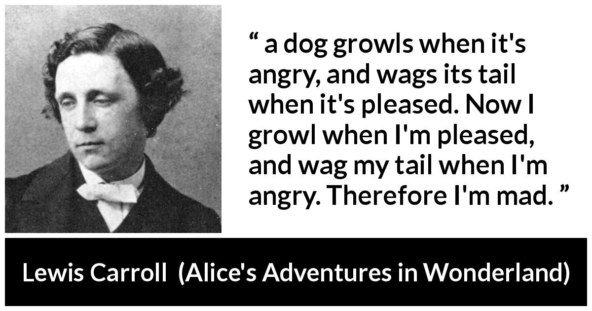 Lewis Carroll quote about madness from Alice's Adventures in Wonderland - a dog growls when it's angry, and wags its tail when it's pleased. Now I growl when I'm pleased, and wag my tail when I'm angry. Therefore I'm mad.