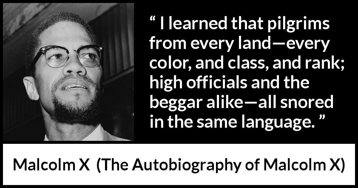 Malcolm X quote about language from The Autobiography of Malcolm X - I learned that pilgrims from every land—every color, and class, and rank; high officials and the beggar alike—all snored in the same language.