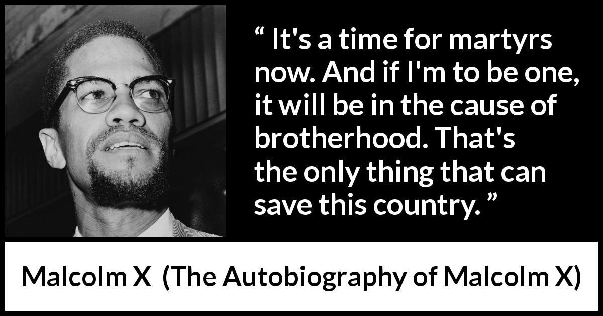 Malcolm X quote about salvation from The Autobiography of Malcolm X - It's a time for martyrs now. And if I'm to be one, it will be in the cause of brotherhood. That's the only thing that can save this country.