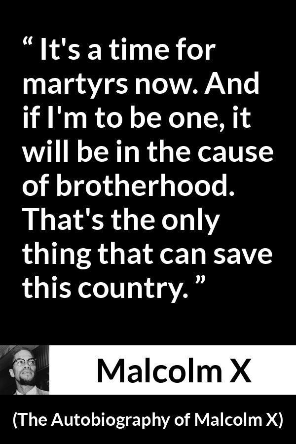 Malcolm X quote about salvation from The Autobiography of Malcolm X - It's a time for martyrs now. And if I'm to be one, it will be in the cause of brotherhood. That's the only thing that can save this country.