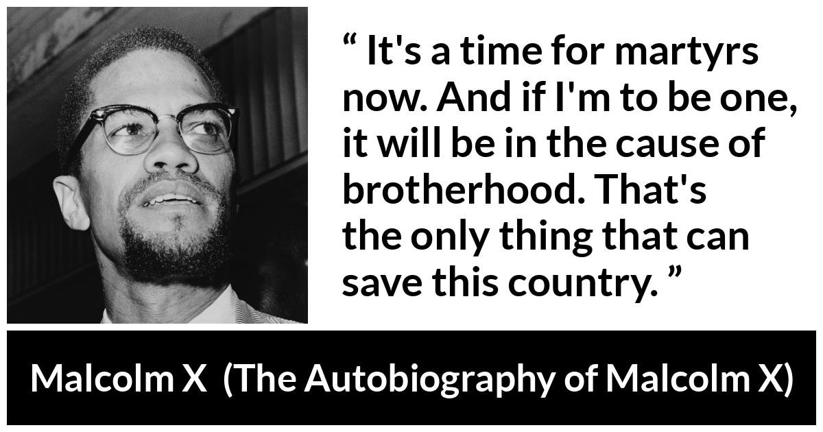 Malcolm X quote about salvation from The Autobiography of Malcolm X - It's a time for martyrs now. And if I'm to be one, it will be in the cause of brotherhood. That's the only thing that can save this country.