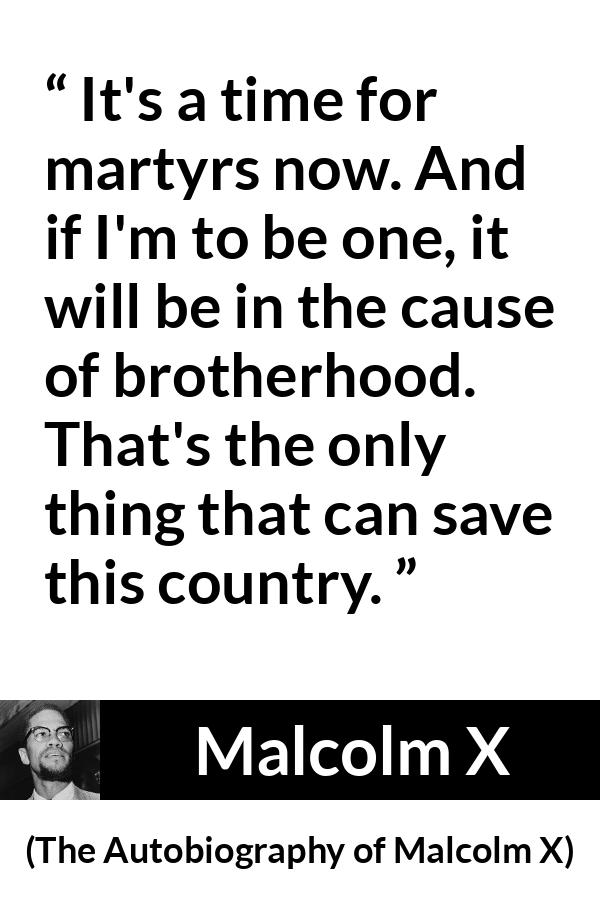 Malcolm X quote about salvation from The Autobiography of Malcolm X - It's a time for martyrs now. And if I'm to be one, it will be in the cause of brotherhood. That's the only thing that can save this country.