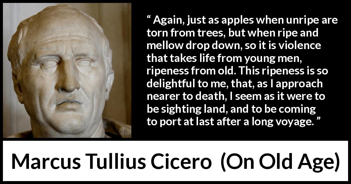 Marcus Tullius Cicero quote about violence from On Old Age - Again, just as apples when unripe are torn from trees, but when ripe and mellow drop down, so it is violence that takes life from young men, ripeness from old. This ripeness is so delightful to me, that, as I approach nearer to death, I seem as it were to be sighting land, and to be coming to port at last after a long voyage.