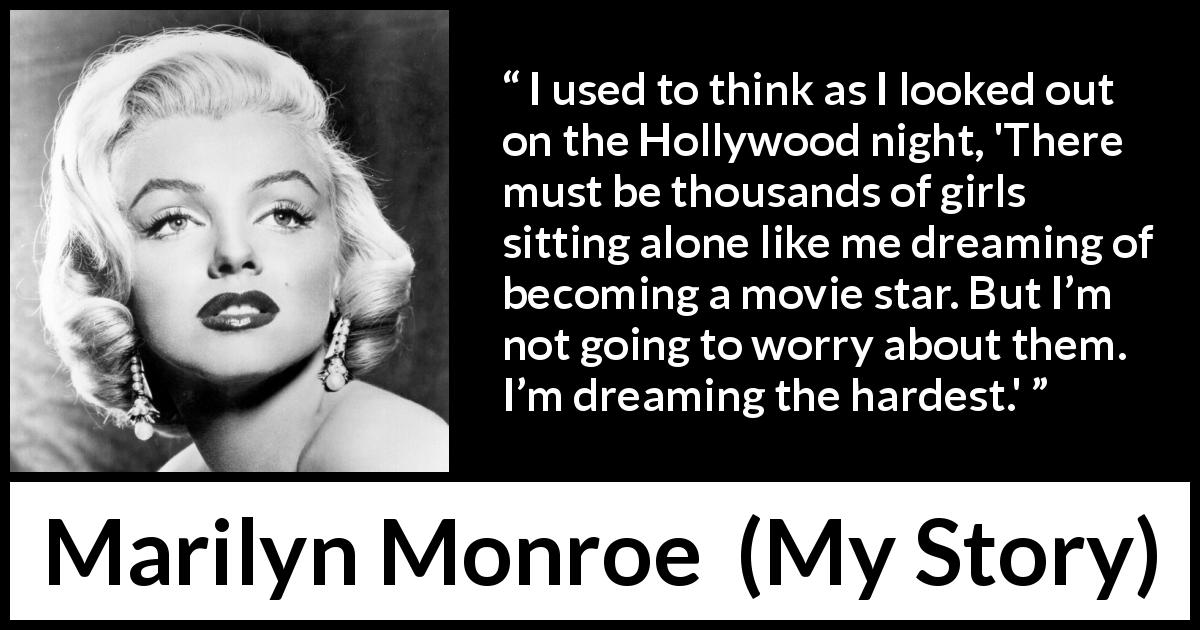 Marilyn Monroe quote about success from My Story - I used to think as I looked out on the Hollywood night, 'There must be thousands of girls sitting alone like me dreaming of becoming a movie star. But I’m not going to worry about them. I’m dreaming the hardest.'