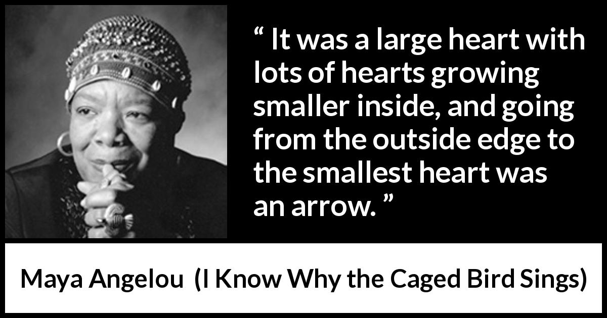 Maya Angelou quote about heart from I Know Why the Caged Bird Sings - It was a large heart with lots of hearts growing smaller inside, and going from the outside edge to the smallest heart was an arrow.