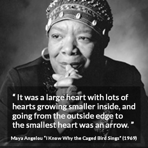 Maya Angelou quote about heart from I Know Why the Caged Bird Sings - It was a large heart with lots of hearts growing smaller inside, and going from the outside edge to the smallest heart was an arrow.