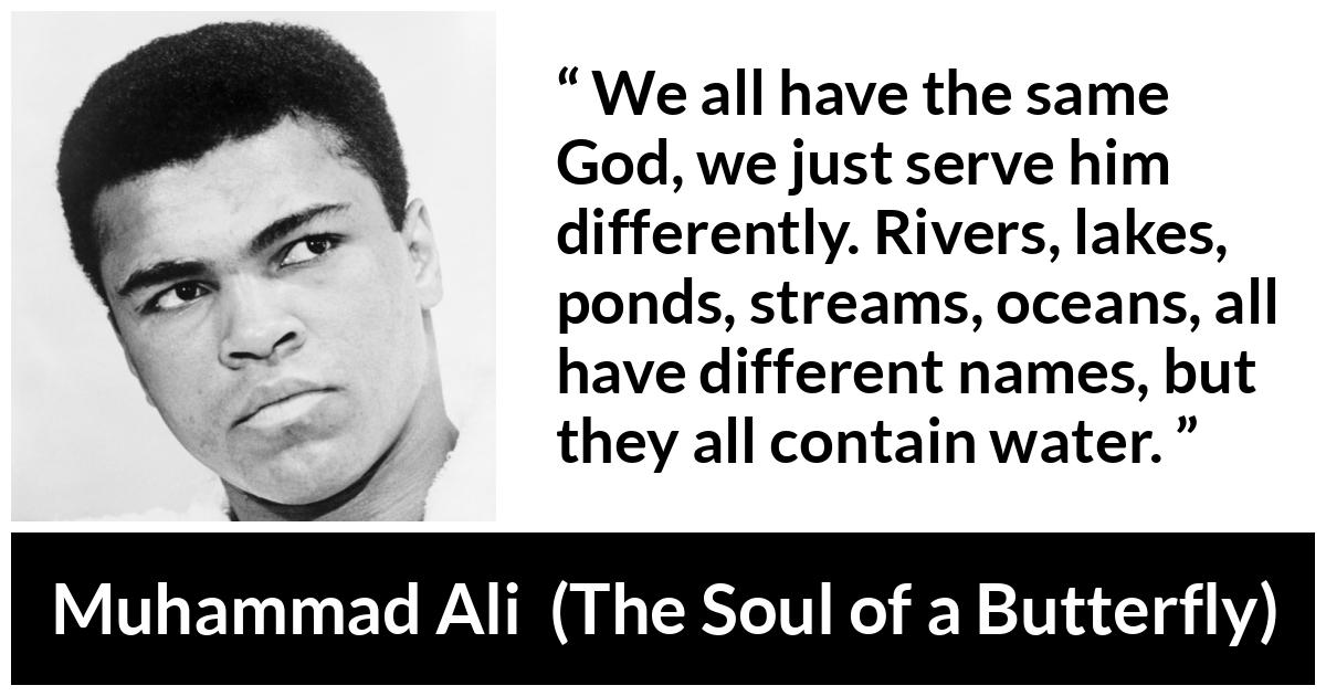 Muhammad Ali quote about God from The Soul of a Butterfly - We all have the same God, we just serve him differently. Rivers, lakes, ponds, streams, oceans, all have different names, but they all contain water.