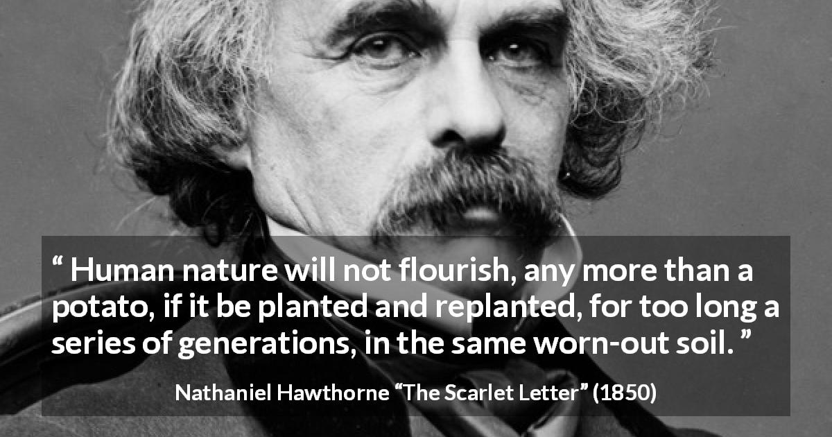Nathaniel Hawthorne quote about humanity from The Scarlet Letter - Human nature will not flourish, any more than a potato, if it be planted and replanted, for too long a series of generations, in the same worn-out soil.