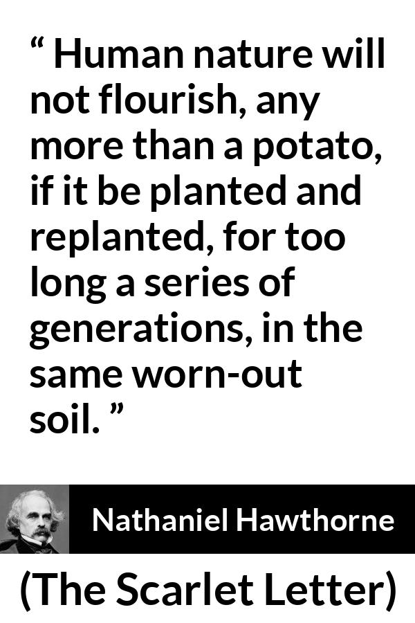 Nathaniel Hawthorne quote about humanity from The Scarlet Letter - Human nature will not flourish, any more than a potato, if it be planted and replanted, for too long a series of generations, in the same worn-out soil.