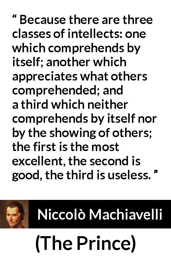 Niccolò Machiavelli quote about intellect from The Prince - Because there are three classes of intellects: one which comprehends by itself; another which appreciates what others comprehended; and a third which neither comprehends by itself nor by the showing of others; the first is the most excellent, the second is good, the third is useless.
