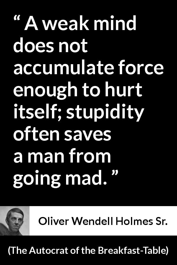 Oliver Wendell Holmes Sr. quote about madness from The Autocrat of the Breakfast-Table - A weak mind does not accumulate force enough to hurt itself; stupidity often saves a man from going mad.