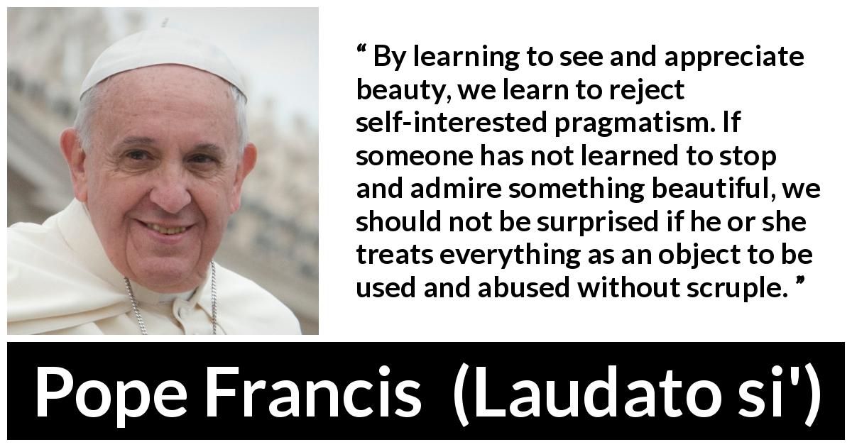 Pope Francis quote about beauty from Laudato si' - By learning to see and appreciate beauty, we learn to reject self-interested pragmatism. If someone has not learned to stop and admire something beautiful, we should not be surprised if he or she treats everything as an object to be used and abused without scruple.
