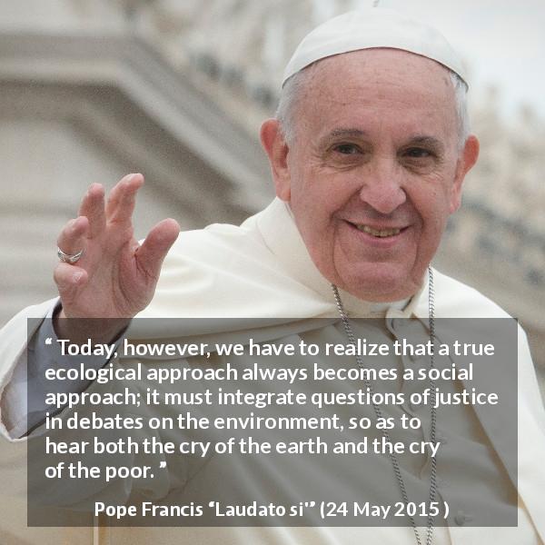 Pope Francis quote about justice from Laudato si' - Today, however, we have to realize that a true ecological approach always becomes a social approach; it must integrate questions of justice in debates on the environment, so as to hear both the cry of the earth and the cry of the poor.