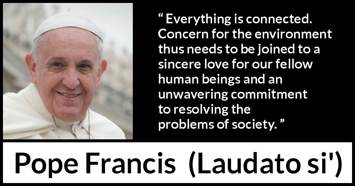 Pope Francis quote about society from Laudato si' - Everything is connected. Concern for the environment thus needs to be joined to a sincere love for our fellow human beings and an unwavering commitment to resolving the problems of society.