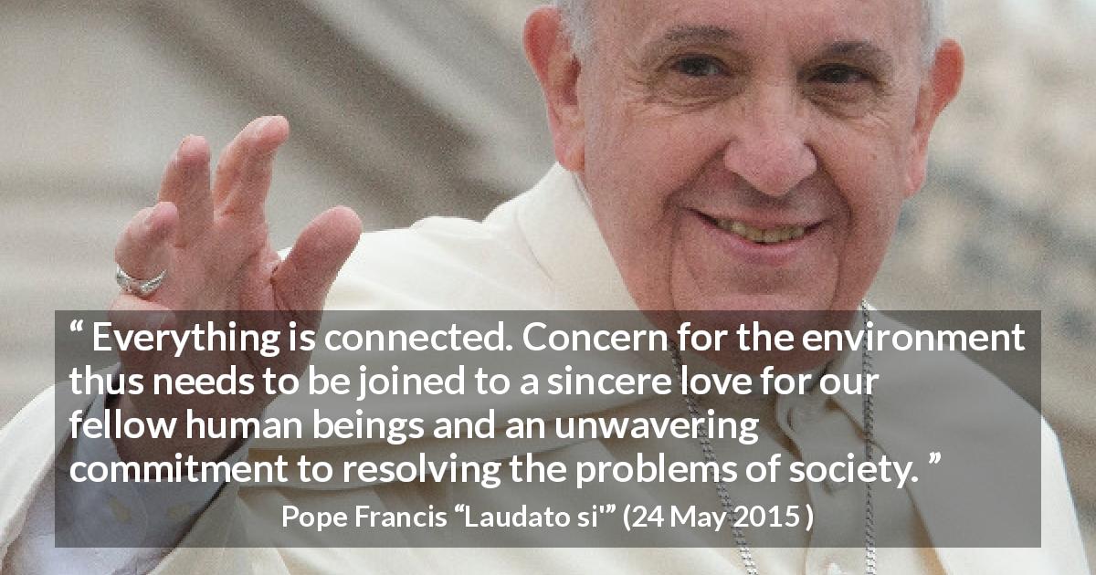 Pope Francis quote about society from Laudato si' - Everything is connected. Concern for the environment thus needs to be joined to a sincere love for our fellow human beings and an unwavering commitment to resolving the problems of society.