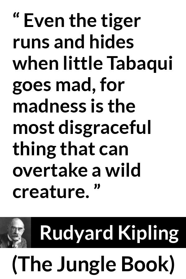 Rudyard Kipling quote about madness from The Jungle Book - Even the tiger runs and hides when little Tabaqui goes mad, for madness is the most disgraceful thing that can overtake a wild creature.