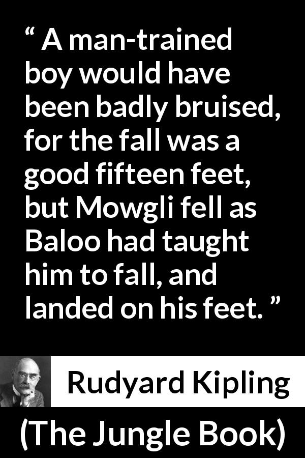 Rudyard Kipling quote about man from The Jungle Book - A man-trained boy would have been badly bruised, for the fall was a good fifteen feet, but Mowgli fell as Baloo had taught him to fall, and landed on his feet.