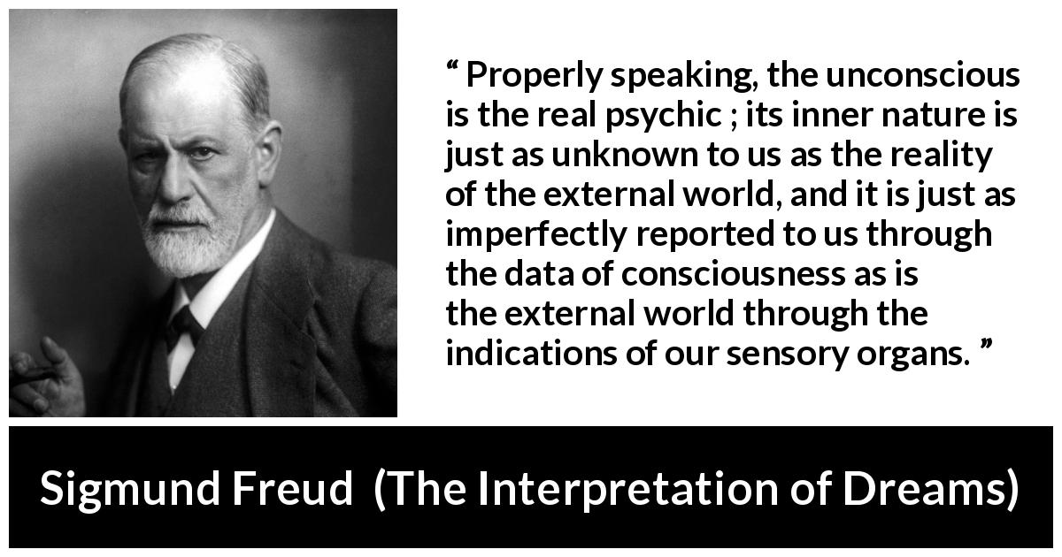 Sigmund Freud quote about reality from The Interpretation of Dreams - Properly speaking, the unconscious is the real psychic ; its inner nature is just as unknown to us as the reality of the external world, and it is just as imperfectly reported to us through the data of consciousness as is the external world through the indications of our sensory organs.