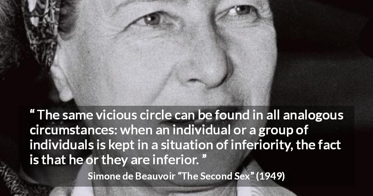 Simone de Beauvoir quote about oppression from The Second Sex - The same vicious circle can be found in all analogous circumstances: when an individual or a group of individuals is kept in a situation of inferiority, the fact is that he or they are inferior.