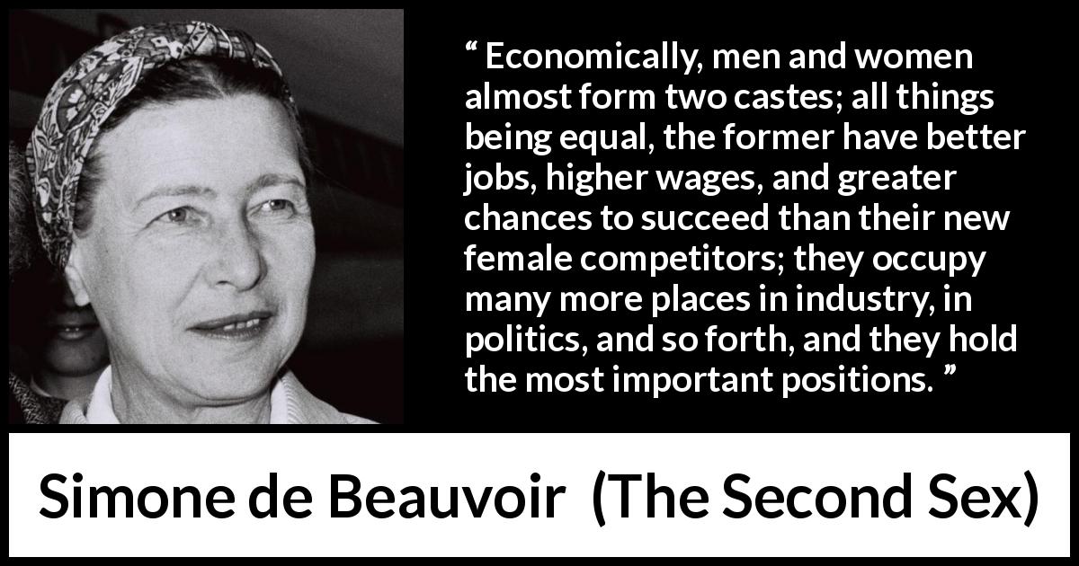 Simone de Beauvoir quote about women from The Second Sex - Economically, men and women almost form two castes; all things being equal, the former have better jobs, higher wages, and greater chances to succeed than their new female competitors; they occupy many more places in industry, in politics, and so forth, and they hold the most important positions.
