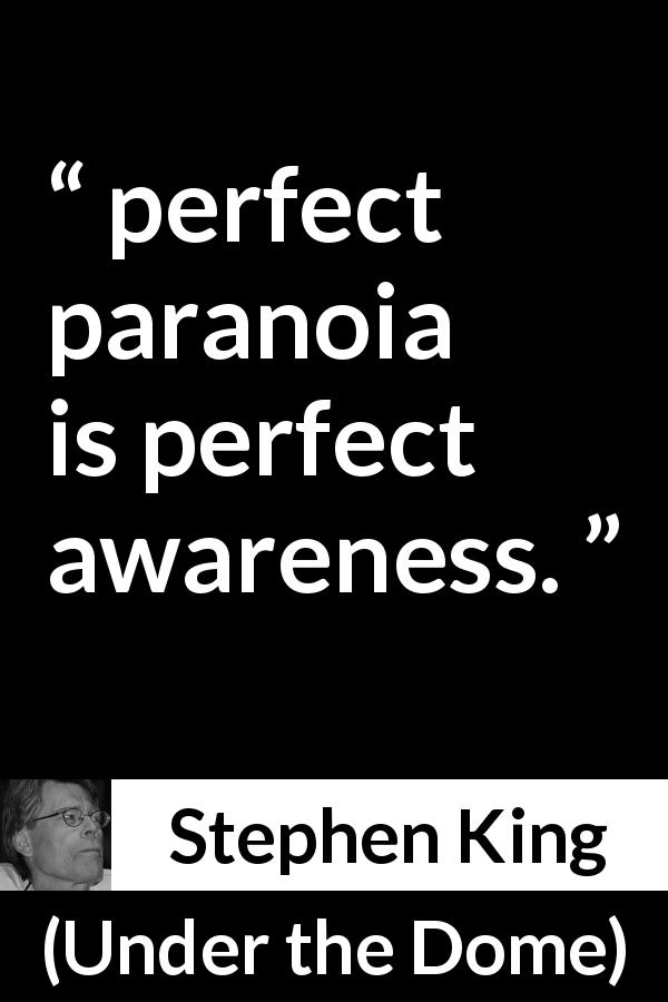 Stephen King quote about awareness from Under the Dome - perfect paranoia is perfect awareness.