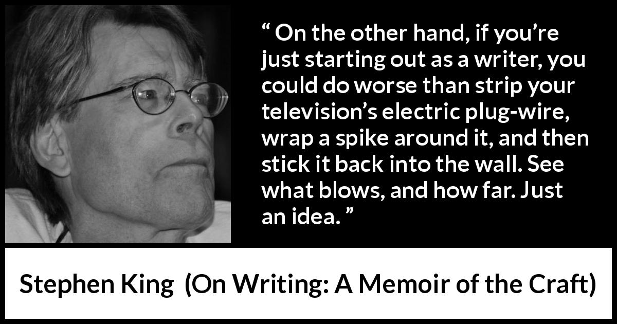 Stephen King quote about writing from On Writing: A Memoir of the Craft - On the other hand, if you’re just starting out as a writer, you could do worse than strip your television’s electric plug-wire, wrap a spike around it, and then stick it back into the wall. See what blows, and how far. Just an idea.