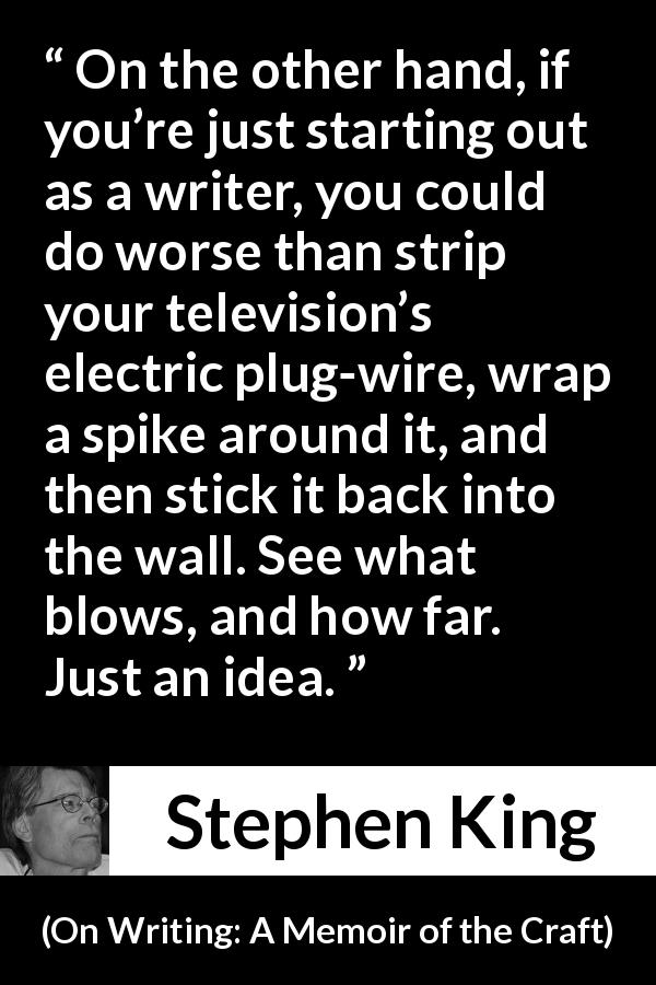 Stephen King quote about writing from On Writing: A Memoir of the Craft - On the other hand, if you’re just starting out as a writer, you could do worse than strip your television’s electric plug-wire, wrap a spike around it, and then stick it back into the wall. See what blows, and how far. Just an idea.