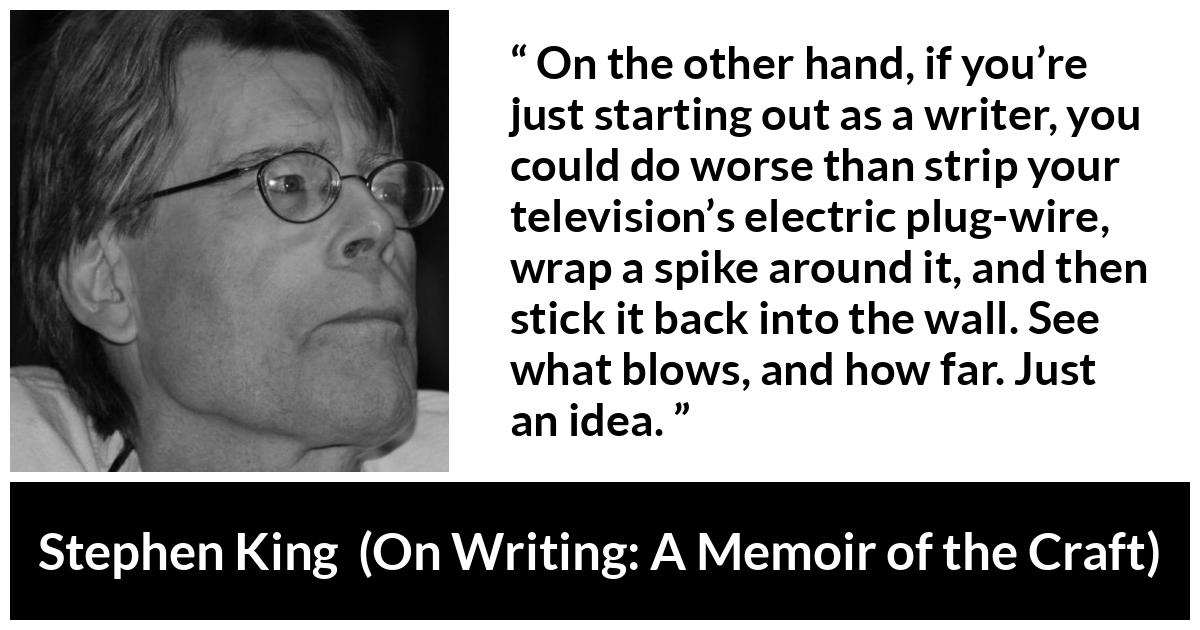 Stephen King quote about writing from On Writing: A Memoir of the Craft - On the other hand, if you’re just starting out as a writer, you could do worse than strip your television’s electric plug-wire, wrap a spike around it, and then stick it back into the wall. See what blows, and how far. Just an idea.