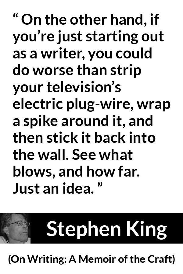 Stephen King quote about writing from On Writing: A Memoir of the Craft - On the other hand, if you’re just starting out as a writer, you could do worse than strip your television’s electric plug-wire, wrap a spike around it, and then stick it back into the wall. See what blows, and how far. Just an idea.