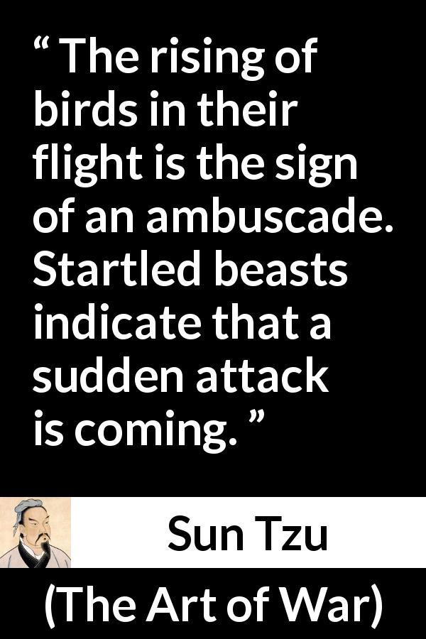 Sun Tzu quote about birds from The Art of War - The rising of birds in their flight is the sign of an ambuscade. Startled beasts indicate that a sudden attack is coming.