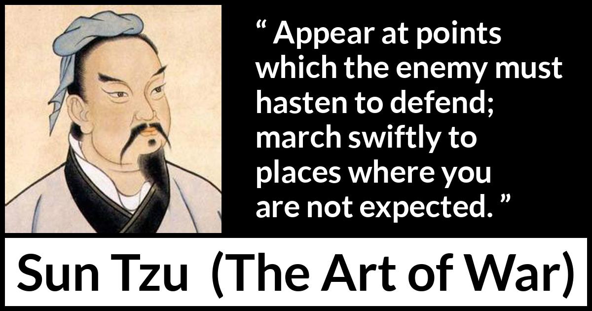 Sun Tzu quote about enemies from The Art of War - Appear at points which the enemy must hasten to defend; march swiftly to places where you are not expected.