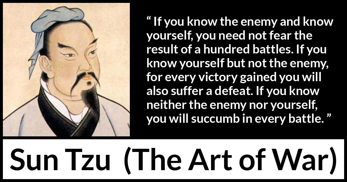 Sun Tzu quote about self-knowledge from The Art of War - If you know the enemy and know yourself, you need not fear the result of a hundred battles. If you know yourself but not the enemy, for every victory gained you will also suffer a defeat. If you know neither the enemy nor yourself, you will succumb in every battle.