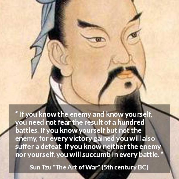 Sun Tzu quote about self-knowledge from The Art of War - If you know the enemy and know yourself, you need not fear the result of a hundred battles. If you know yourself but not the enemy, for every victory gained you will also suffer a defeat. If you know neither the enemy nor yourself, you will succumb in every battle.