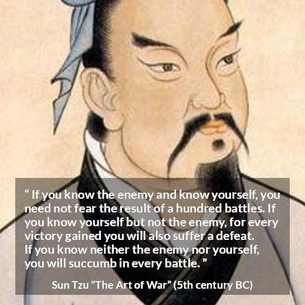 Sun Tzu quote about self-knowledge from The Art of War - If you know the enemy and know yourself, you need not fear the result of a hundred battles. If you know yourself but not the enemy, for every victory gained you will also suffer a defeat. If you know neither the enemy nor yourself, you will succumb in every battle.