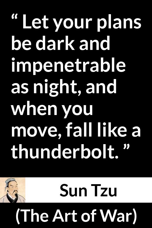 Sun Tzu quote about speed from The Art of War - Let your plans be dark and impenetrable as night, and when you move, fall like a thunderbolt.