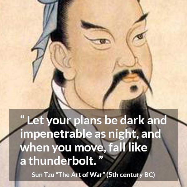 Sun Tzu quote about speed from The Art of War - Let your plans be dark and impenetrable as night, and when you move, fall like a thunderbolt.