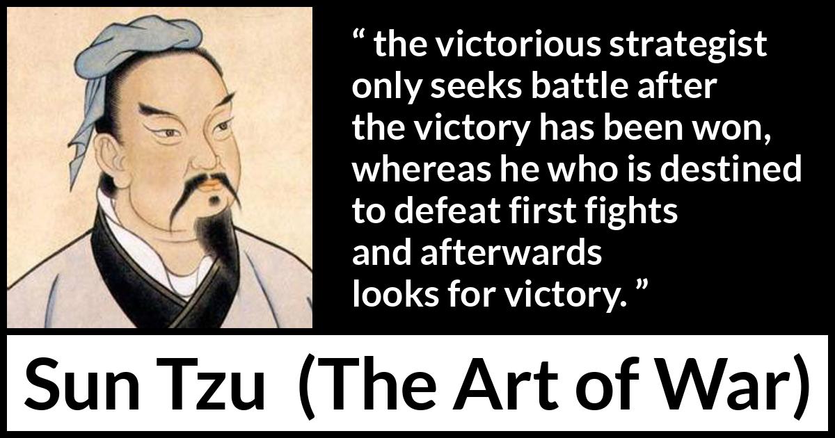 Sun Tzu quote about victory from The Art of War - the victorious strategist only seeks battle after the victory has been won, whereas he who is destined to defeat first fights and afterwards looks for victory.