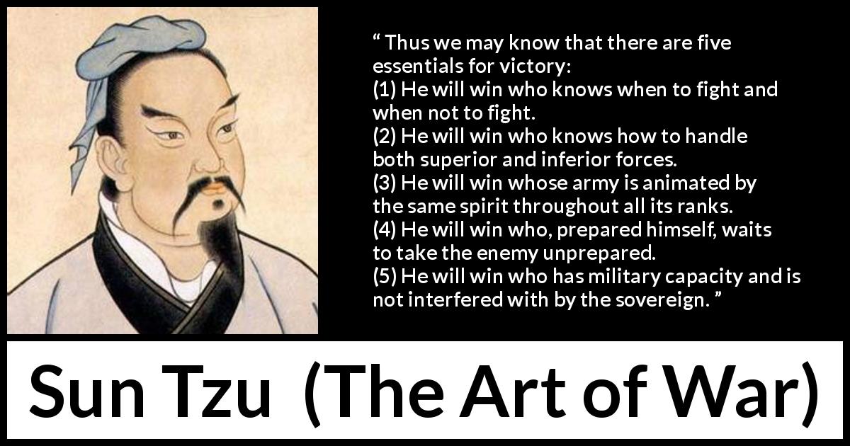 Sun Tzu quote about victory from The Art of War - Thus we may know that there are five essentials for victory:
(1) He will win who knows when to fight and when not to fight.
(2) He will win who knows how to handle both superior and inferior forces.
(3) He will win whose army is animated by the same spirit throughout all its ranks.
(4) He will win who, prepared himself, waits to take the enemy unprepared.
(5) He will win who has military capacity and is not interfered with by the sovereign.