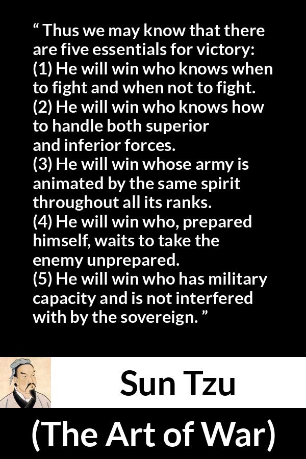 Sun Tzu quote about victory from The Art of War - Thus we may know that there are five essentials for victory:
(1) He will win who knows when to fight and when not to fight.
(2) He will win who knows how to handle both superior and inferior forces.
(3) He will win whose army is animated by the same spirit throughout all its ranks.
(4) He will win who, prepared himself, waits to take the enemy unprepared.
(5) He will win who has military capacity and is not interfered with by the sovereign.