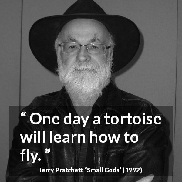 Terry Pratchett quote about flying from Small Gods - One day a tortoise will learn how to fly.