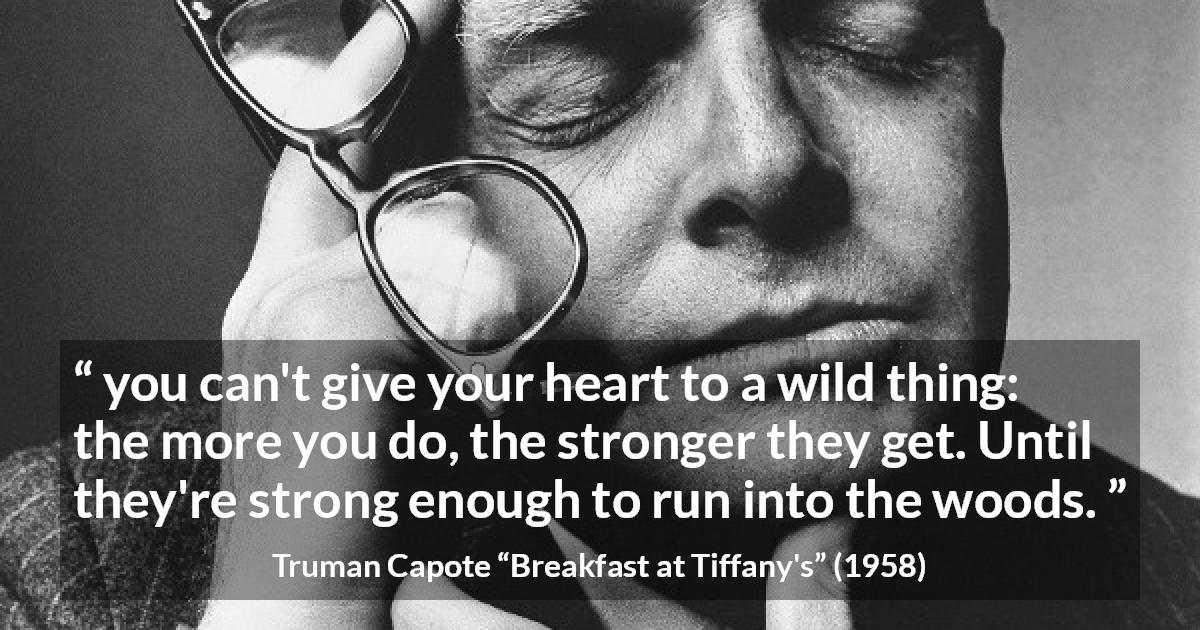 Truman Capote quote about heartbreak from Breakfast at Tiffany's - you can't give your heart to a wild thing: the more you do, the stronger they get. Until they're strong enough to run into the woods.